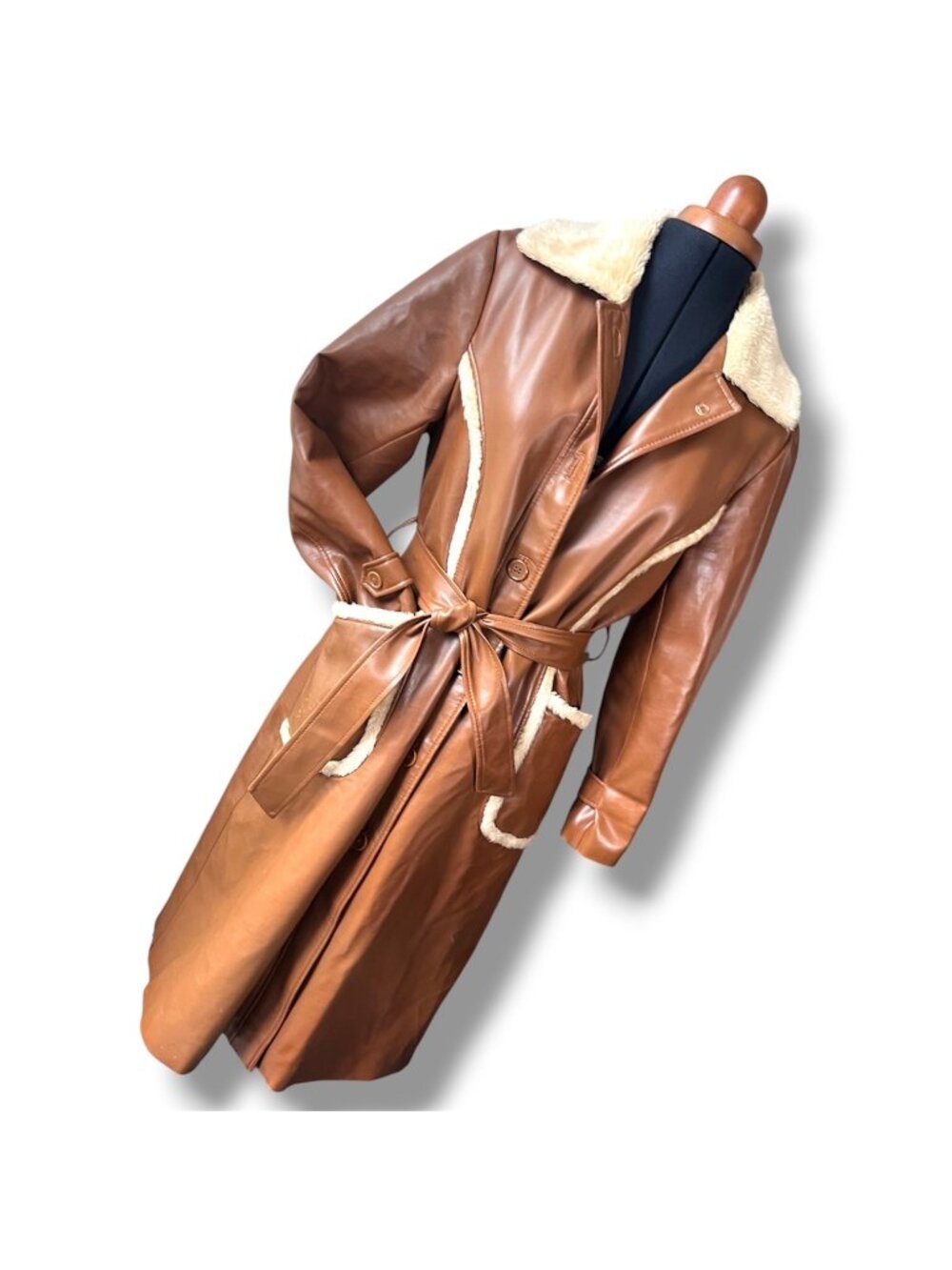 Vintage Fingerhut Fashions Brown Vegan Leather & Sherpa Belted Coat Sz 10
